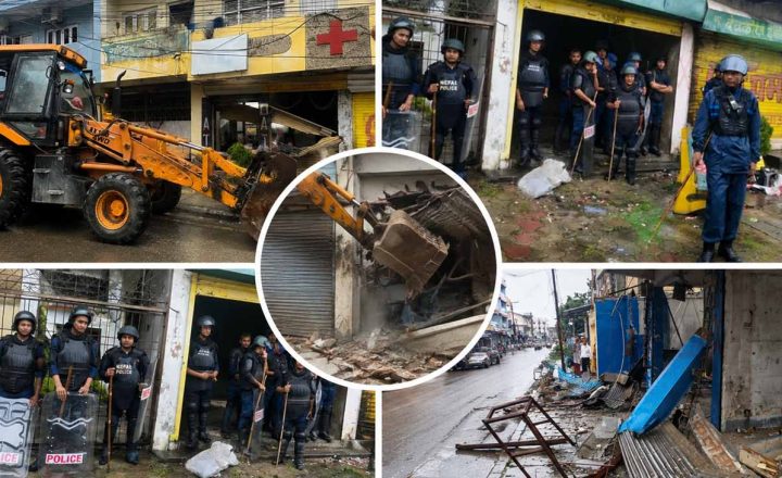 कोशी अस्पतालको अतिक्रमित जग्गामा डोजर, व्यावसायिक संरचना हटाउन सुरु